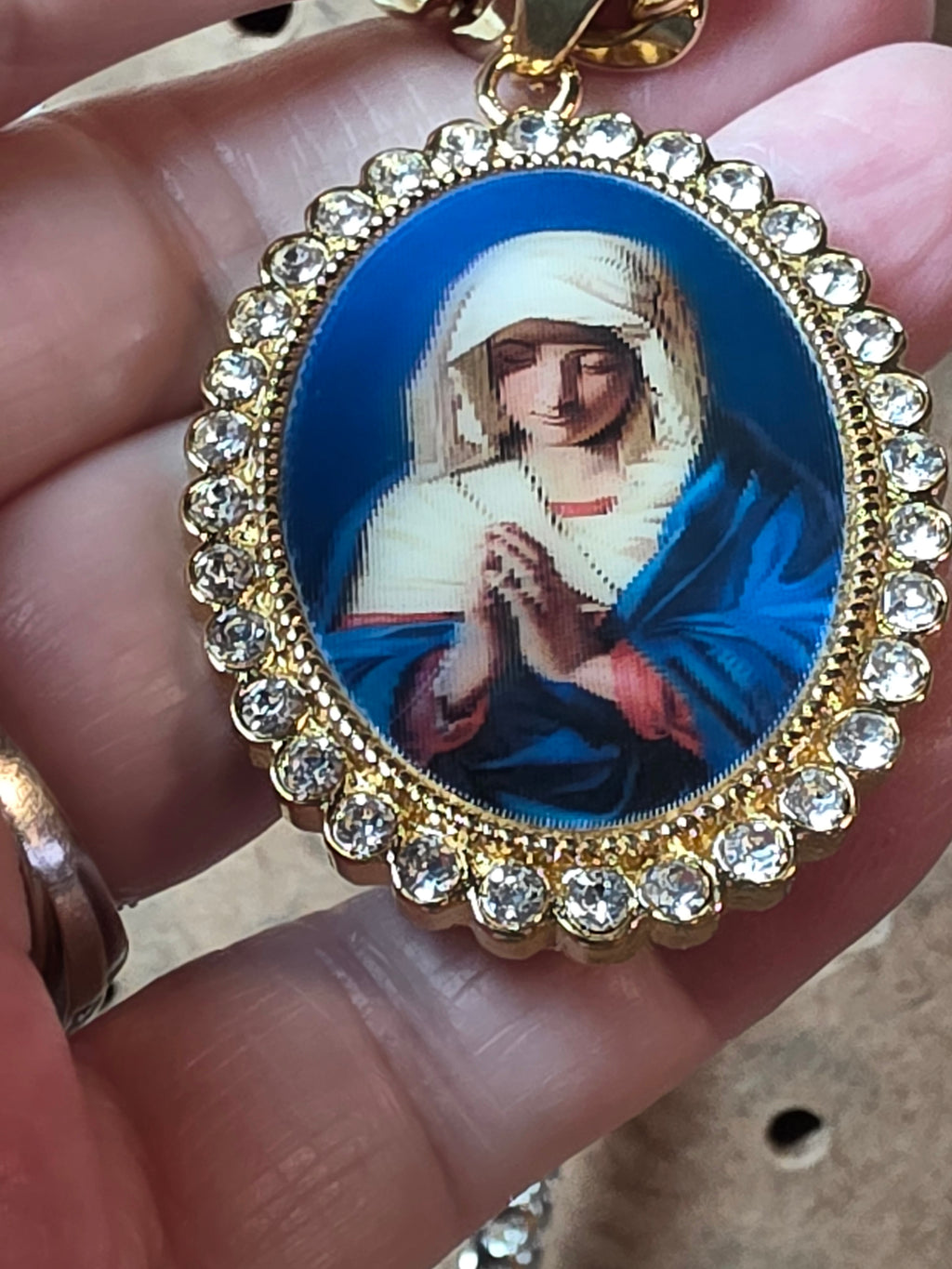 3D Stainless Steel Blessed Mother Pendant with Gold Plated Chain
