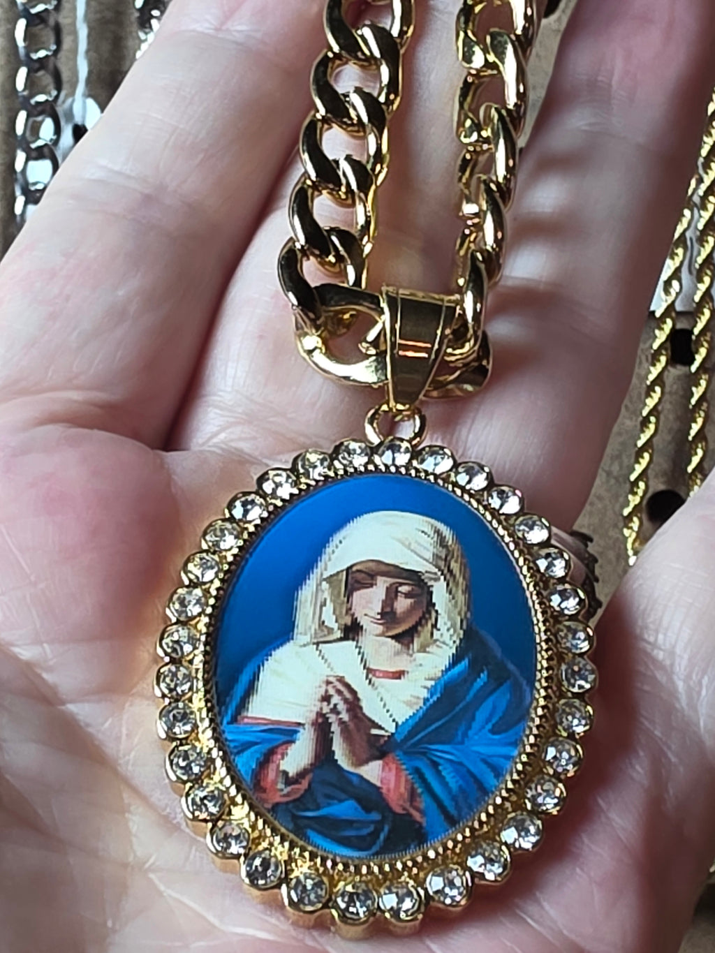 3D Stainless Steel Blessed Mother Pendant with Gold Plated Chain