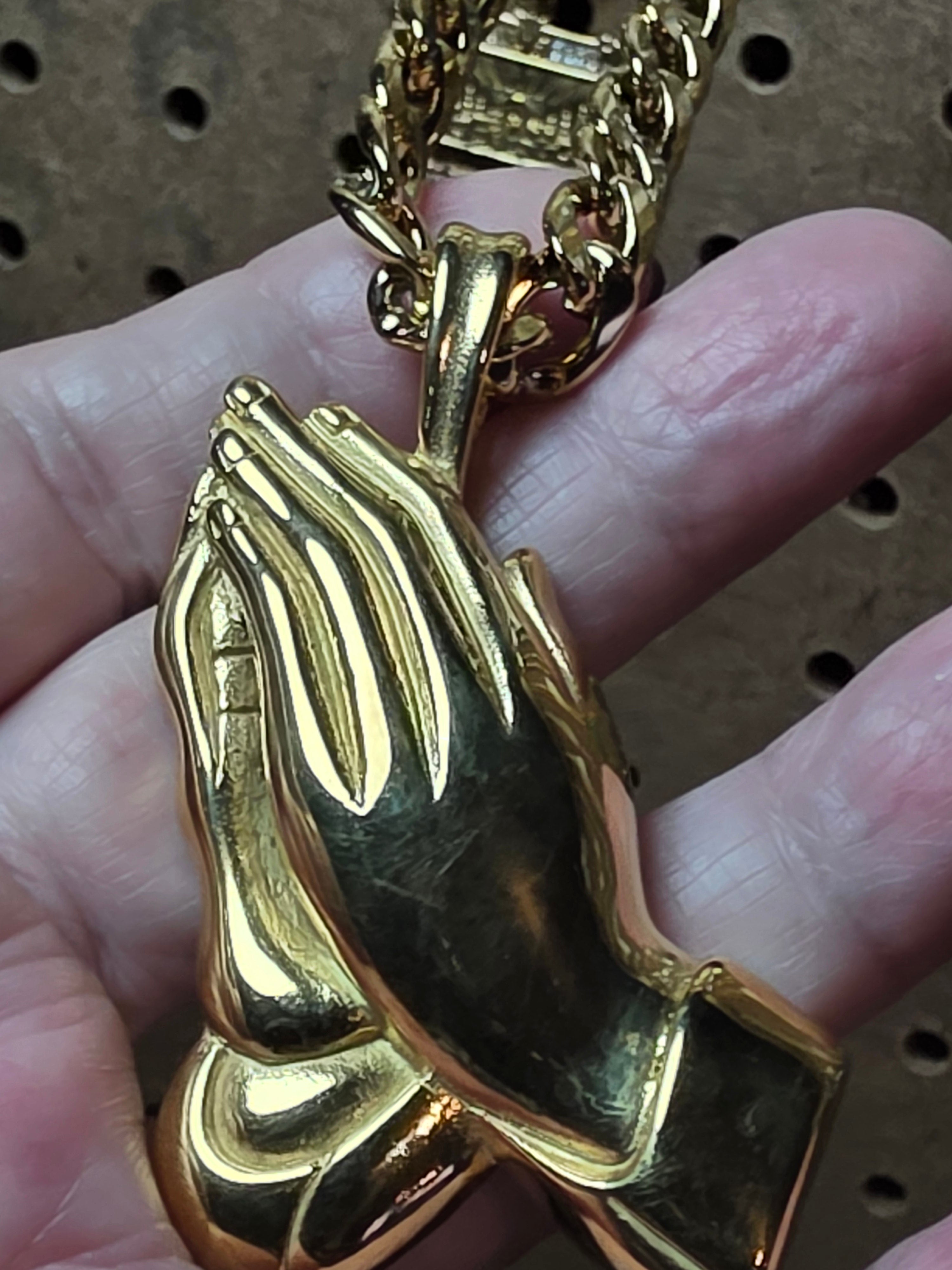 Stainless Steel Praying Hands with Gold Plated Chain