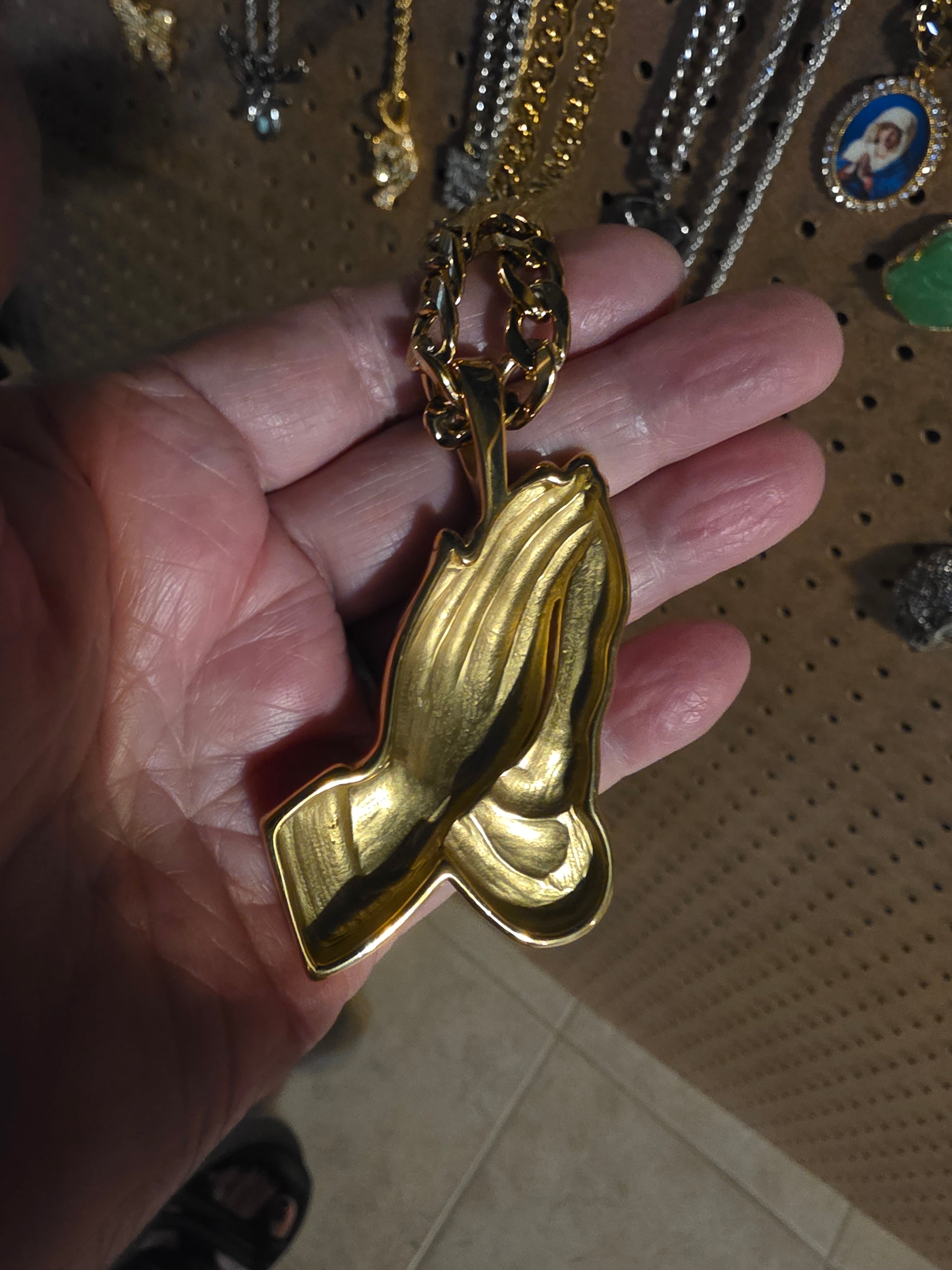 Stainless Steel Praying Hands with Gold Plated Chain