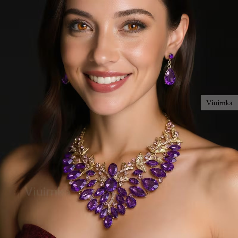 Purple Statement Jewelry Set — Imitation Necklace & Earrings for Women