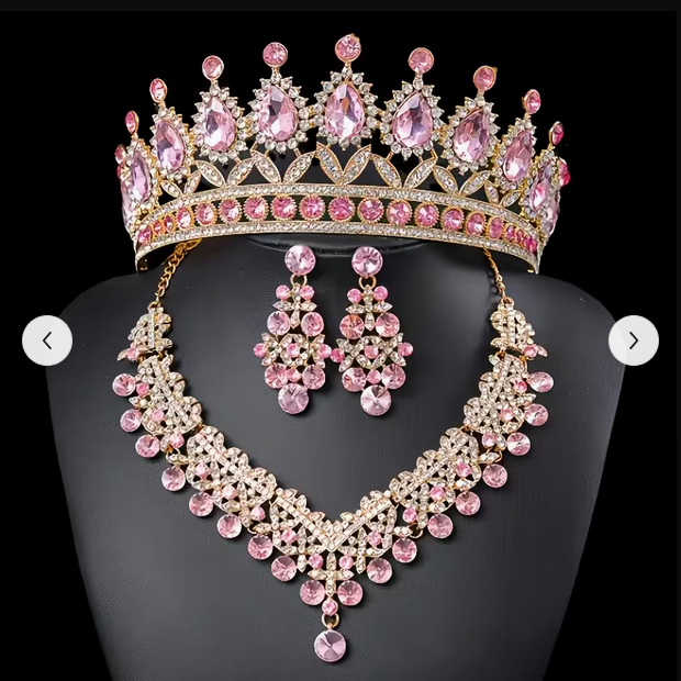 PINK LUXURIOUS CRYSTAL TIARAS AND CROWNS WITH SPARKING NECKLACE