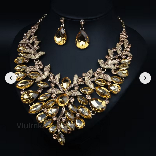 Golden Large Jewelry Set for Women - Statement Imitated Necklace and Earrings Set, Elegant Design, Perfect for Wedding Jewelry, Party, Prom Accessories, Bridesmaid Gifts, Anniversary, Birthday, Christmas, Formal Evening Fashion Jewelry